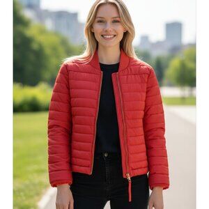 Rare MONCLER Coral Red Perforated Faux Leather Puffer Jacket Size Medium